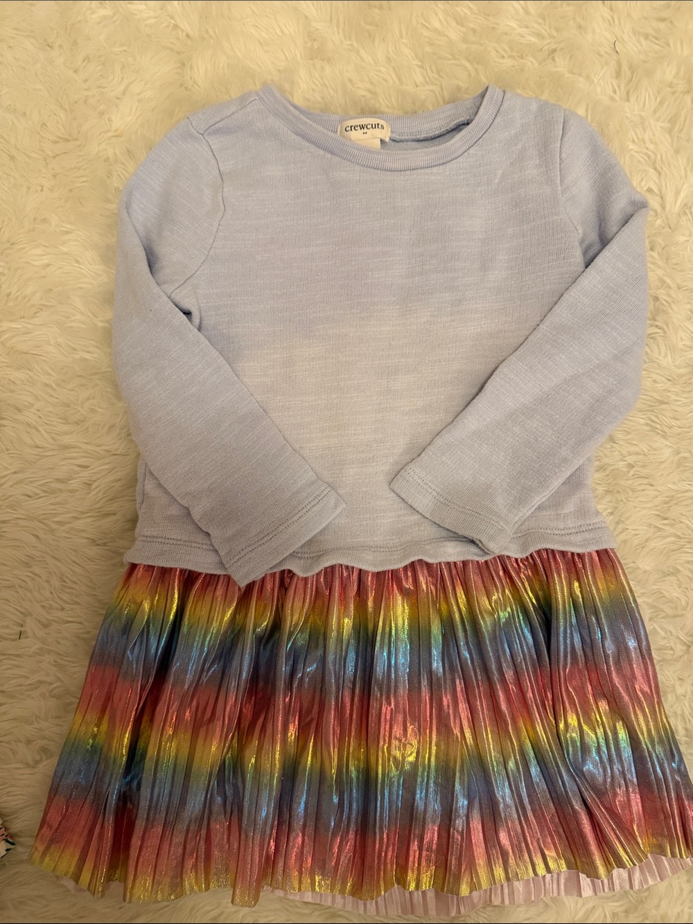 Crewcuts Light Blue Long Sleeve Top with Rainbow Metallic Pleated Skirt